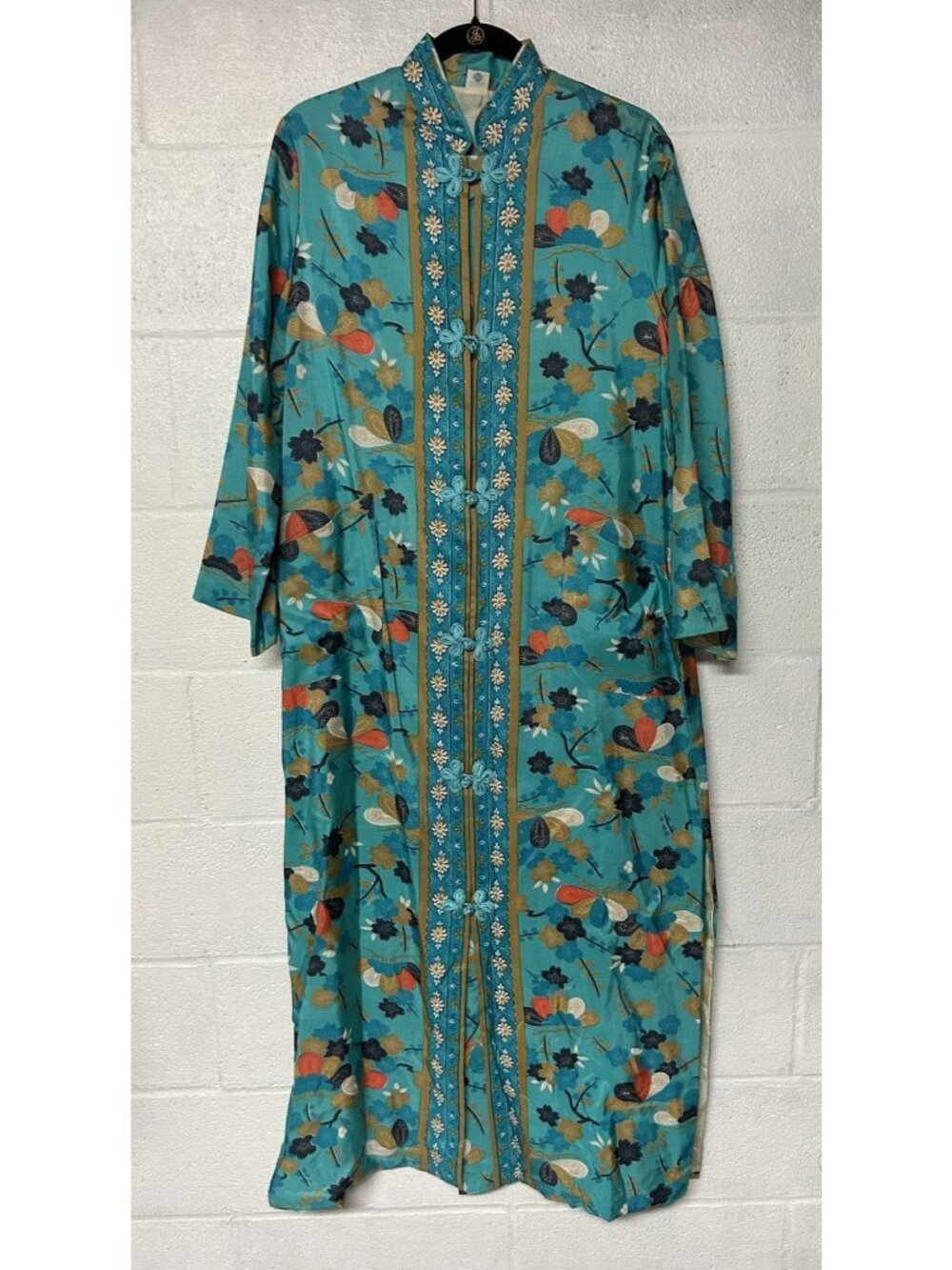 100% Silk Kimono Duster Robe Made In Japan Asian Blue Floral Vintage Flawed